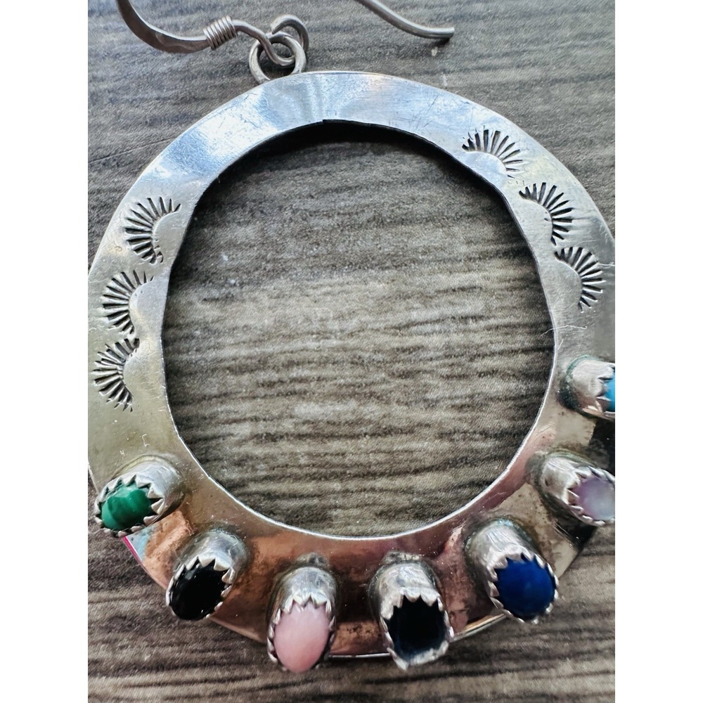 Navajo Sterling Silver Multi Stone Large Hoop Earrings Signed AJ - Picture 4 of 16